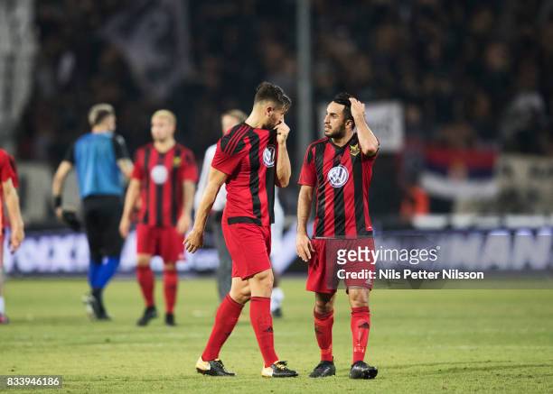 Sotirios Papagiannopoulus and Brwa Nouri of Oestersunds FK dejected after the UEFA Europa League Qualifying Play-Offs round first leg match between...