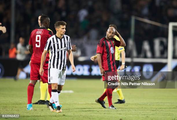 Fouad Bachirou of Oestersunds FK dejected during the UEFA Europa League Qualifying Play-Offs round first leg match between PAOK Saloniki and...