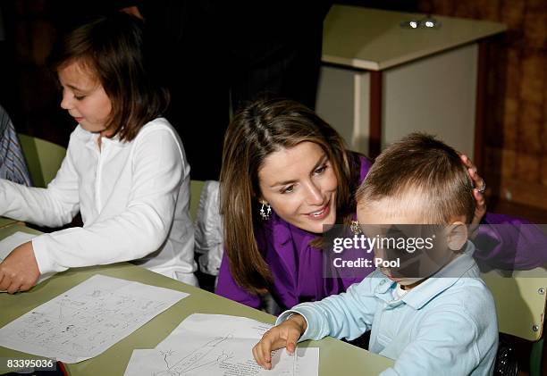 Princess Letizia of Spain visits her old primary School "La Gesta" primary School on October 23, 2008 in Oviedo, Spain.