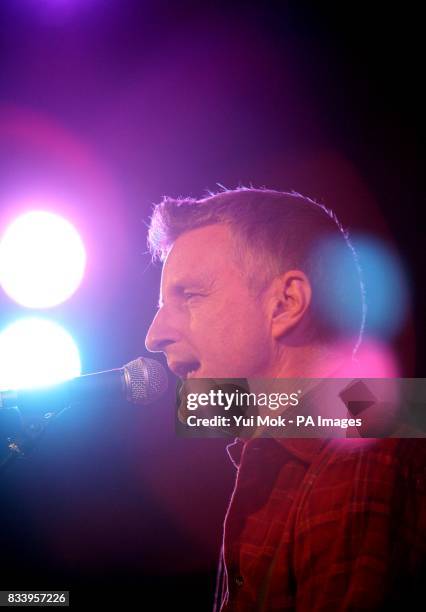 Billy Bragg performing on stage at the Union Chapel in Islington, north London, as part of the Little Noise Sessions week of gigs in aid of the...