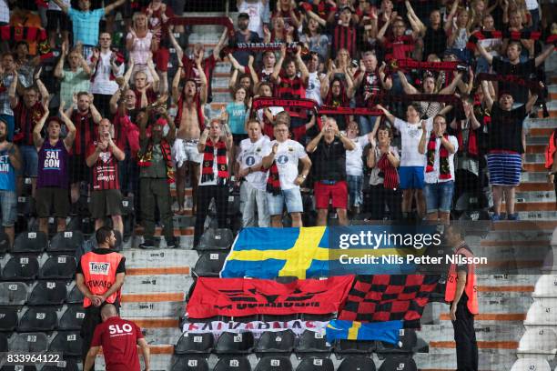 Fans of Oestersunds FK during the UEFA Europa League Qualifying Play-Offs round first leg match between PAOK Saloniki and Oestersunds FK at Toumba...