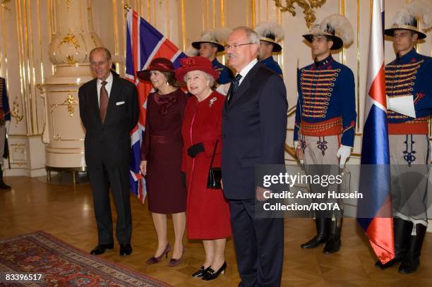 Queen Elizabeth ll and Prince Philip, Duke of Edinburgh meet President Ivan Gasparovic and wife Silvia at the Presidential Palace on the first day of...