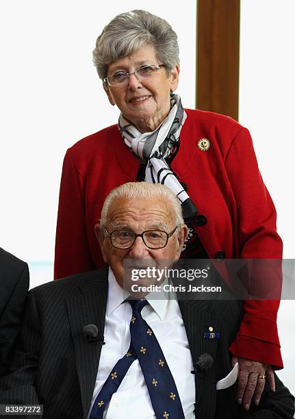 Sir Nicholas Winton and his wife wait to meet HRH Queen Elizabeth II at Devlin Castle Hotel on the first day of a tour of Slovakia on October 23,...