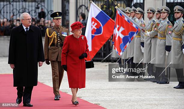 Queen Elizabeth ll and President Ivan Gasparovic arrive at the Presidential Palace on the first day of a State Visit to Slovakia on October 23, 2008...