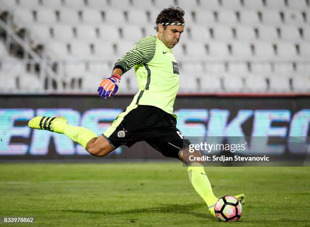 Goalkeeper Vladimir Stojkovic of Partizan in action during the UEFA Europa League Qualifying Play-Offs round first leg match between Partizan and...