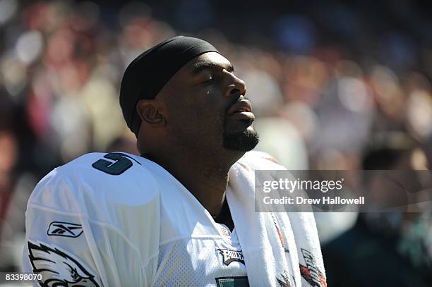 Quarterback Donovan McNabb of the Philadelphia Eagles stands on the sideline during the game against the San Francisco 49ers on October 12, 2008 at...