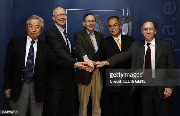 Japan's Sumio Iijima, US Georges Whitesides, US Tobin Marks, Japan's Shuji Nakamura and US Robert Langer pose prior to a press conference a in Oviedo...