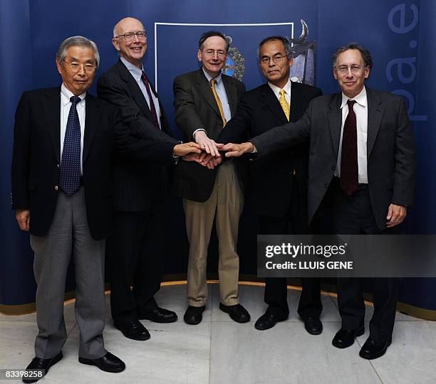 Japan's Sumio Iijima, US Georges Whitesides, US Tobin Marks, Japan's Shuji Nakamura and US Robert Langer pose prior to a press conference a in Oviedo...