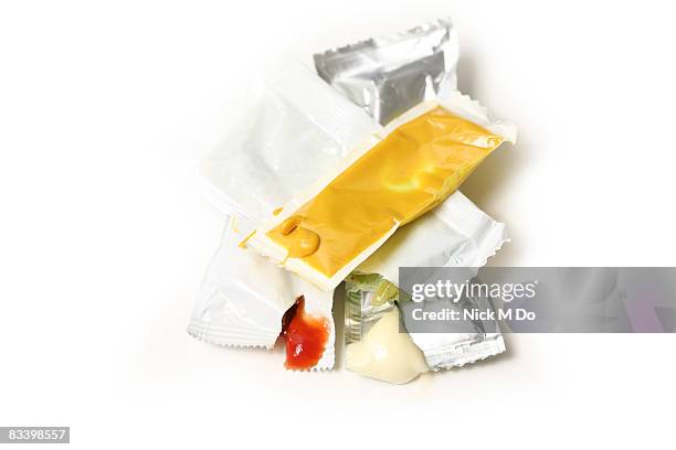 fast food sauces on white background - sachet stock pictures, royalty-free photos & images