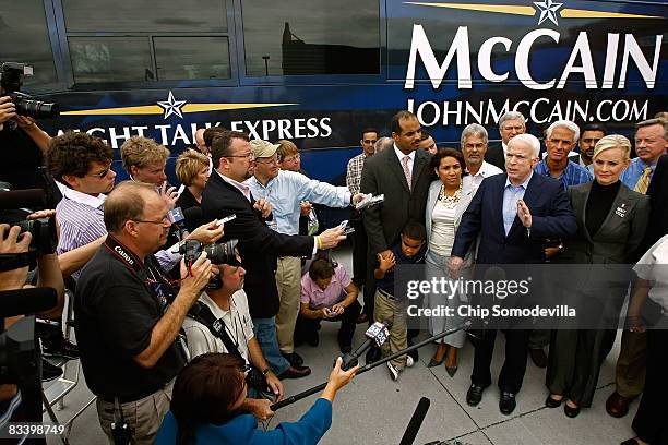 Republican presidential nominee Sen. John McCain makes a statement to the news media after a lunch meeting with Hispanic small business owners,...