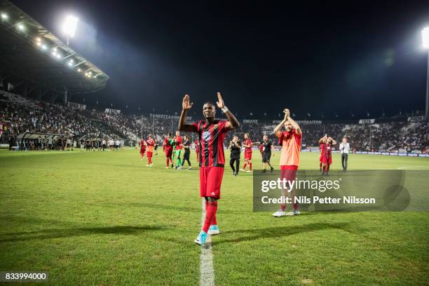 Players of Oestersunds FK cheers to the fans during the UEFA Europa League Qualifying Play-Offs round first leg match between PAOK Saloniki and...