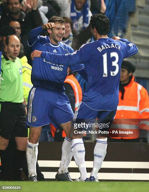 Chelsea's Andriy Shevchenko celebrates scoring the second goal of the match with team mate Michael Ballack