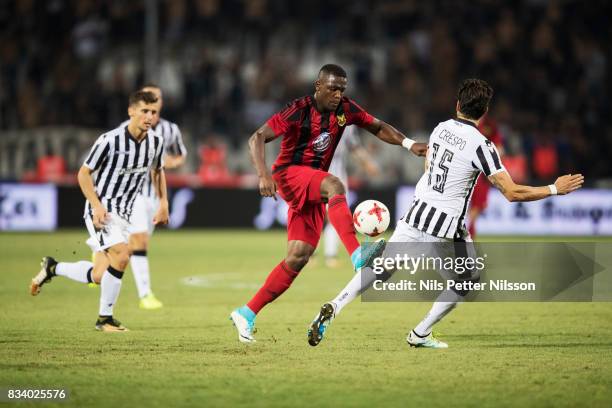 Alhaji Gero of Oestersunds FK and José Ángel Crespo of PAOK Saloniki FC competes for the ball during the UEFA Europa League Qualifying Play-Offs...