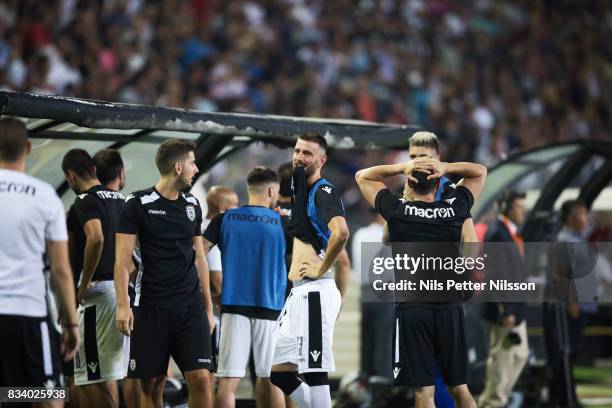 Players of PAOK Saloniki FC react during the UEFA Europa League Qualifying Play-Offs round first leg match between PAOK Saloniki and Oestersunds FK...