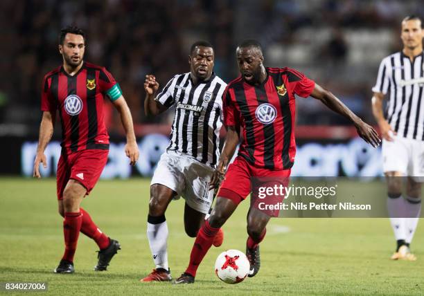 Djalma Campos of PAOK Saloniki FC and Ronald Mukibi of Oestersunds FK competes for the ball during the UEFA Europa League Qualifying Play-Offs round...