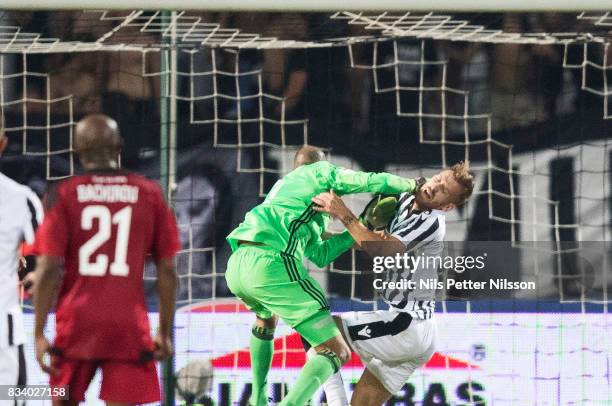 Aly Keita, goalkeeper of Oestersunds FK causes a penalty during the UEFA Europa League Qualifying Play-Offs round first leg match between PAOK...