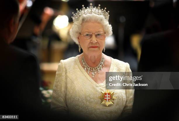 Queen Elizabeth II attends a State Banquet at the Philharmonic Hall on the first day of a tour of Slovakia on October 23, 2008 in Bratislava,...