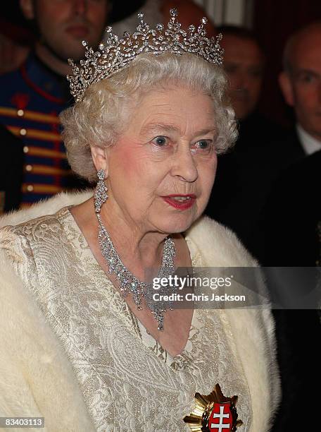 Queen Elizabeth II attends a State Banquet at the Philharmonic Hall on the first day of a tour of Slovakia on October 23, 2008 in Bratislava,...