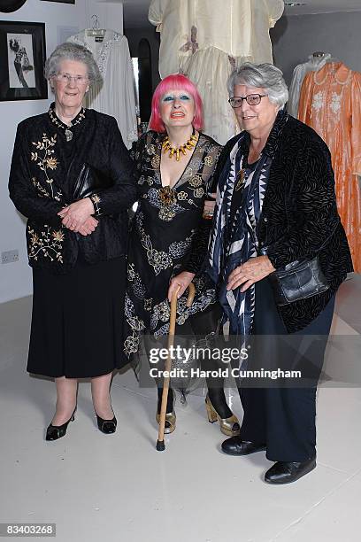 Designer Zandra Rhodes and publicist Kate Franklin attend the "Bill Gibb: Fashion and Fantasy" book launch at the Fashion & Textile Museum on October...