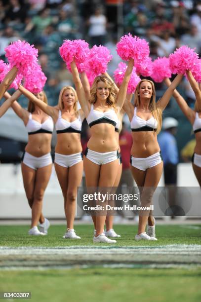 The Philadelphia Eagles cheerleaders dance during the game against the Washington Redskins on October 5, 2008 at Lincoln Financial Field in...