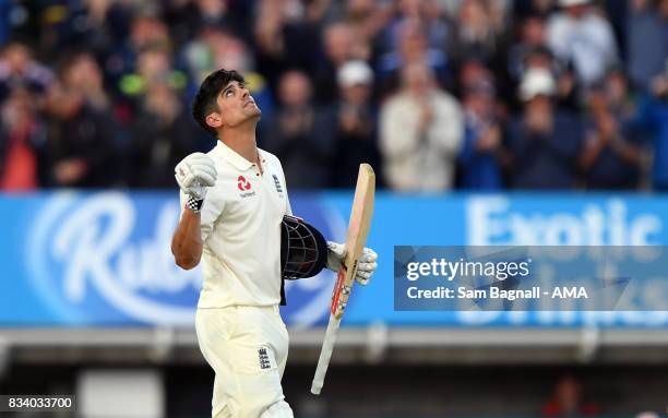 Alastair Cook of England celebrates his century during day one of the 1st Investec Test match between England and West Indies at Edgbaston on August...