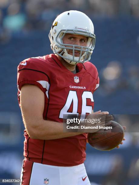 Long snapper Aaron Brewer of the Arizona Cardinals warms up prior to the 2017 Pro Football Hall of Fame Game on August 3, 2017 against the Dallas...