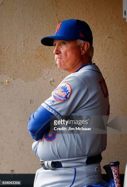 Manager Terry Collins of the New York Mets looks on before a game against the New York Yankees at Yankee Stadium on August 15, 2017 in the Bronx...