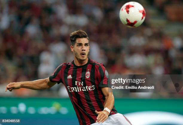 Andre Silva of AC Milan looks the ball during the UEFA Europa League Qualifying Play-Offs round first leg match between AC Milan and KF Shkendija 79...