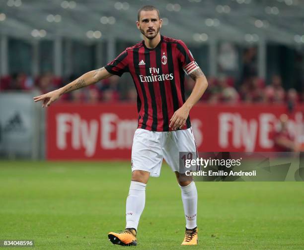 Leonardo Bonucci of AC Milan gestures during the UEFA Europa League Qualifying Play-Offs round first leg match between AC Milan and KF Shkendija 79...