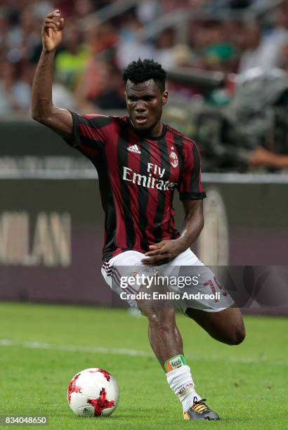 Franck Kessie of AC Milan in action during the UEFA Europa League Qualifying Play-Offs round first leg match between AC Milan and KF Shkendija 79 at...