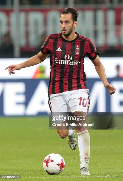 Hakan Calhanoglu of AC Milan in action during the UEFA Europa League Qualifying Play-Offs round first leg match between AC Milan and KF Shkendija 79...