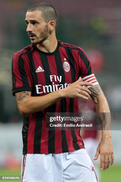 Leonardo Bonucci of AC Milan looks on during the UEFA Europa League Qualifying Play-Offs round first leg match between AC Milan and KF Shkendija 79...