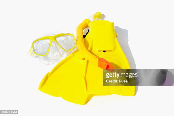 yellow swim fins,  mask and snorkel - snorkel white background stock pictures, royalty-free photos & images