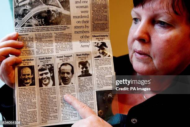 Alice Harper from Belfast with a press cutting from August 1971 when during the round ups by the British Army 11 innocent bystanders in Ballymurphy,...