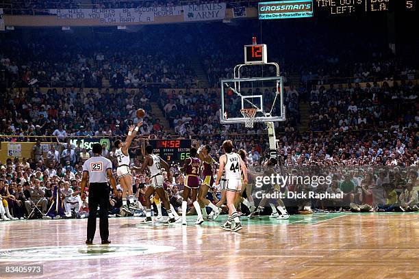 Dennis Johnson of the Boston Celtics shoots a jump shot against the Los Angeles Lakers during Game Six of the 1985 NBA Finals played on June 9, 1985...