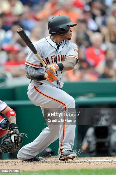 Carlos Moncrief of the San Francisco Giants bats against the Washington Nationals during Game 1 of a doubleheader at Nationals Park on August 13,...