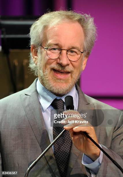 Director Steven Spielberg speaks during his annual Ambassadors for Humanity Gala honoring Kirk Douglas, hosted by Billy Crystal with a special...