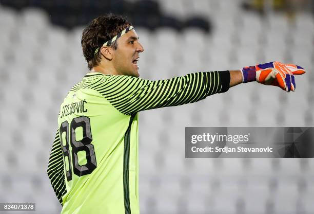 Goalkeeper Vladimir Stojkovic of Partizan reacts during the UEFA Europa League Qualifying Play-Offs round first leg match between Partizan and...