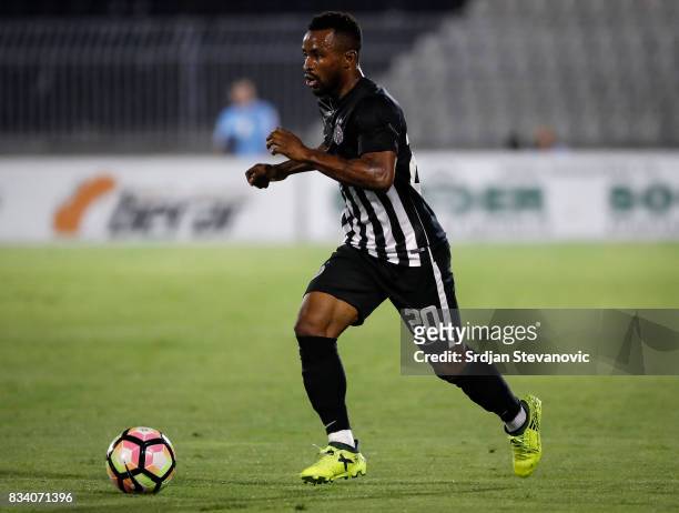 Seydouba Soumah of Partizan in action during the UEFA Europa League Qualifying Play-Offs round first leg match between Partizan and Videoton FC at...