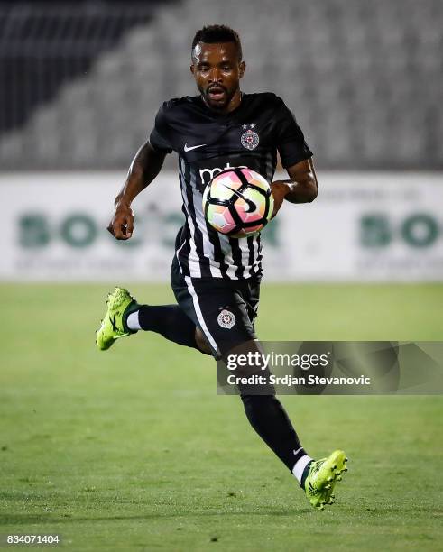 Seydouba Soumah of Partizan in action during the UEFA Europa League Qualifying Play-Offs round first leg match between Partizan and Videoton FC at...