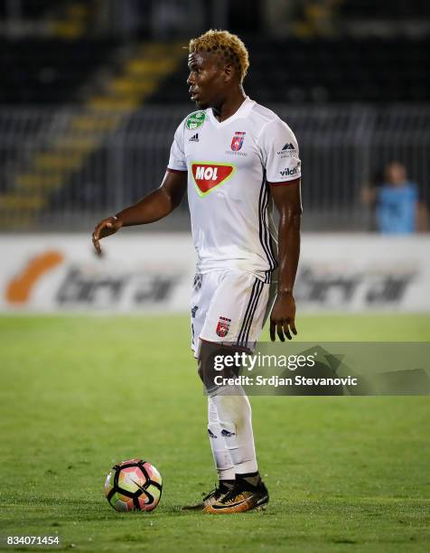 Ezekiel Henty of Videoton in action during the UEFA Europa League Qualifying Play-Offs round first leg match between Partizan and Videoton FC at...