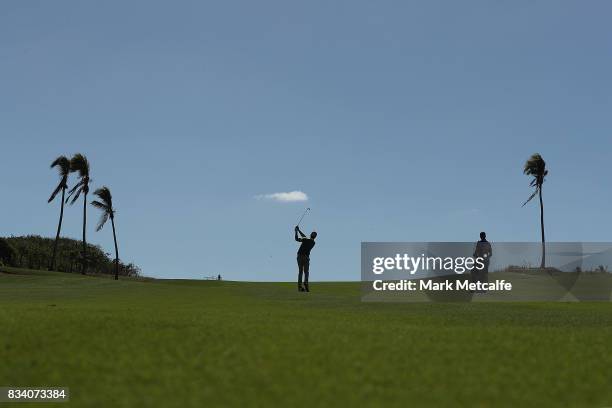 Daniel Pearce of New Zealand hits his second shot on the 9th hole during day two of the 2017 Fiji International at Natadola Bay Championship Golf...