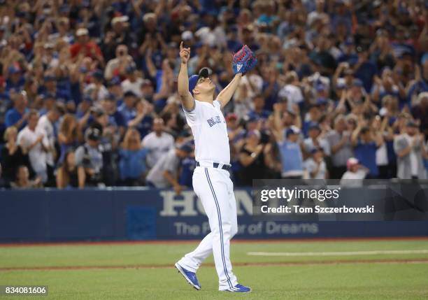 Roberto Osuna of the Toronto Blue Jays celebrates their victory during MLB game action against the Tampa Bay Rays at Rogers Centre on August 17, 2017...