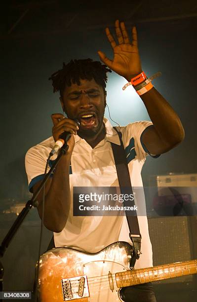 Singer Kele Okereke of the English indie-rock band Bloc Party performs live during a concert at the Airport Tempelhof on October 23, 2008 in Berlin,...