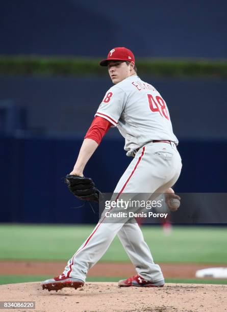 Jerad Eickhoff of the Philadelphia Phillies pitches during the first inning of a baseball game against the San Diego Padres at PETCO Park on August...