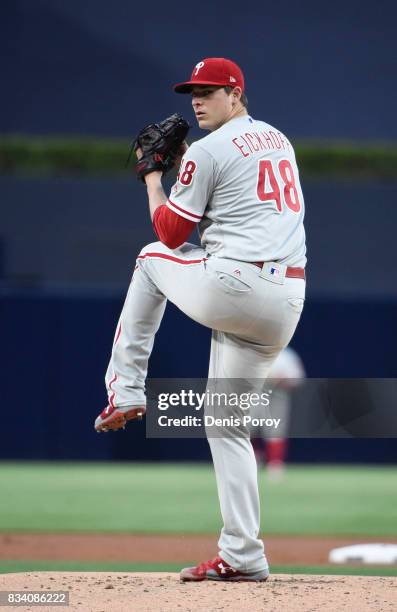 Jerad Eickhoff of the Philadelphia Phillies pitches during the first inning of a baseball game against the San Diego Padres at PETCO Park on August...