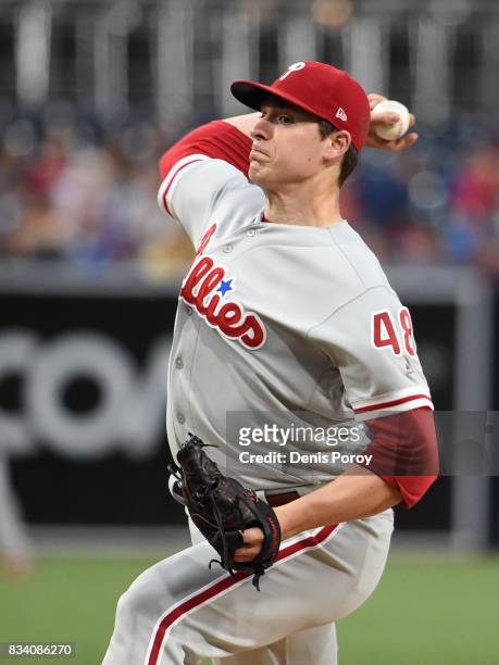Jerad Eickhoff of the Philadelphia Phillies pitches during the first inning of a baseball game against the San Diego Padres at PETCO Park on August...