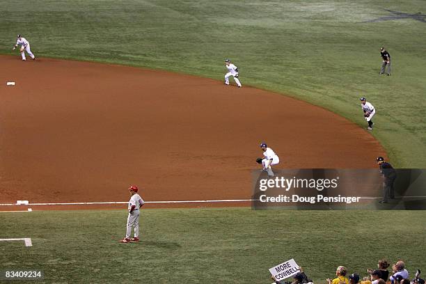 The Tampa Bay Rays play the infield shift on defense as Chase Utley of the Philadelphia Phillies bats during the top of the first inning of game two...