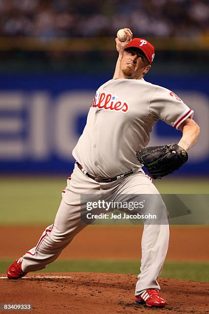 Brett Myers of the Philadelphia Phillies throws a pitch against the Tampa Bay Rays during game two of the 2008 MLB World Series on October 23, 2008...
