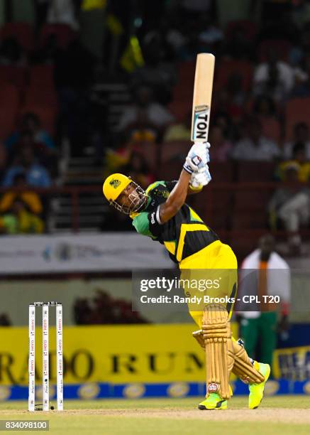 In this handout image provided by CPL T20, Lendl Simmons of Jamaica Tallawahs hits 4 during Match 15 of the 2017 Hero Caribbean Premier League...